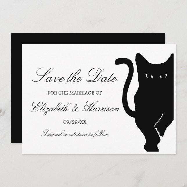 Moderne whimsical Black Cat Wedding Save The Date (Vorne/Hinten)
