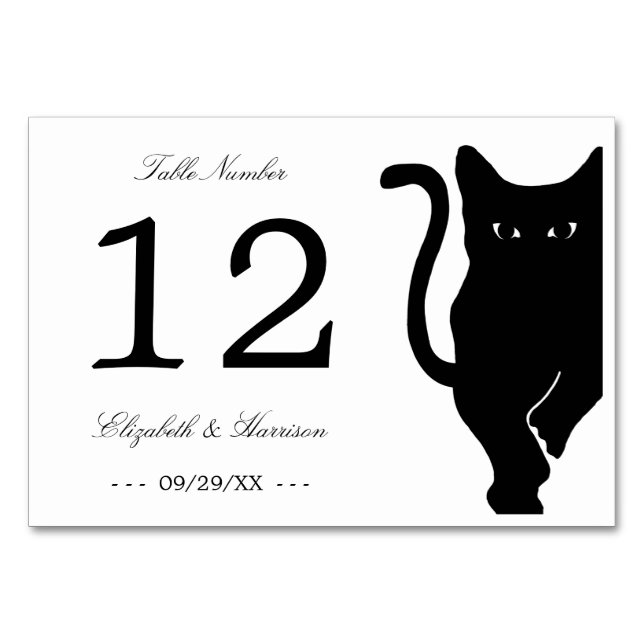 Moderne whimsical Black Cat Wedding Tischnummer (Vorderseite)