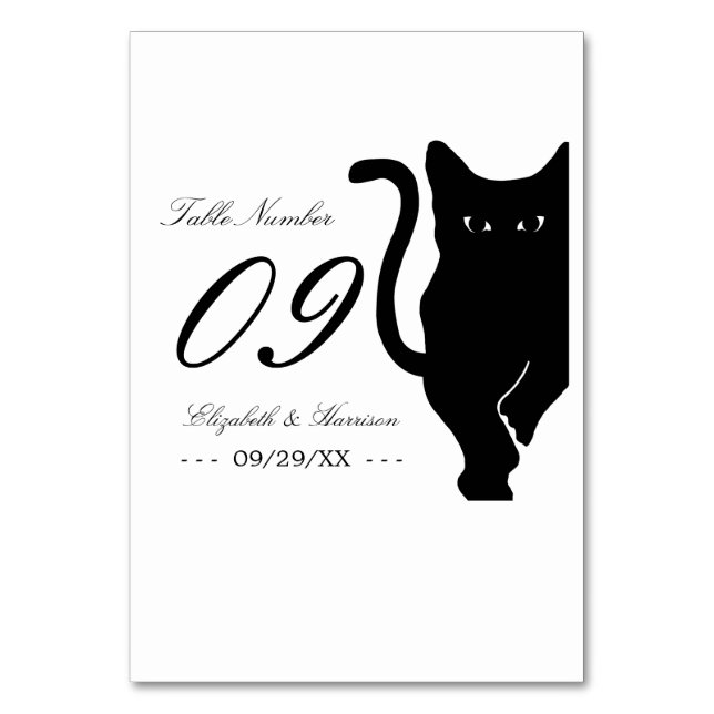 Moderne whimsical Black Cat Wedding Tischnummer (Vorderseite)