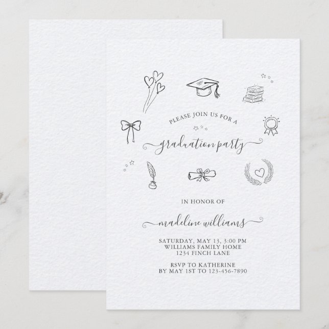 Moderne Whimsical Doodle Graduation Party Einladung (Vorne/Hinten)