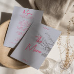 Moderne whimsical farbenfrohe Bright Retro Hochzei Menükarte<br><div class="desc">Ein buntes Retro funky modernes helles Abendmenü. Das elegante Template-Design von boho Vintag periwinkle Hintergrund und hellrosa Typografie und handgeschriebenes Menü in pink . Perfekt und passend zu der ganzen whimsical Hand Buchstaben Suite vibe.</div>