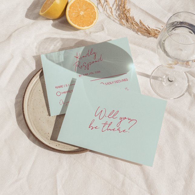 Moderne whimsical farbenfrohe Retro Fun Funky Wedd RSVP Karte (Von Creator hochgeladen)