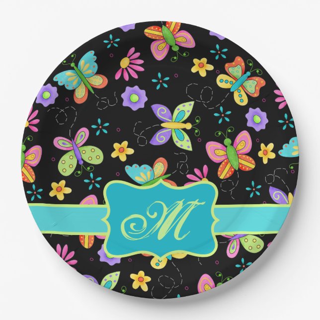 Moderne Whimsy Butterfets Black Turquoise Monogram Pappteller (Vorderseite)