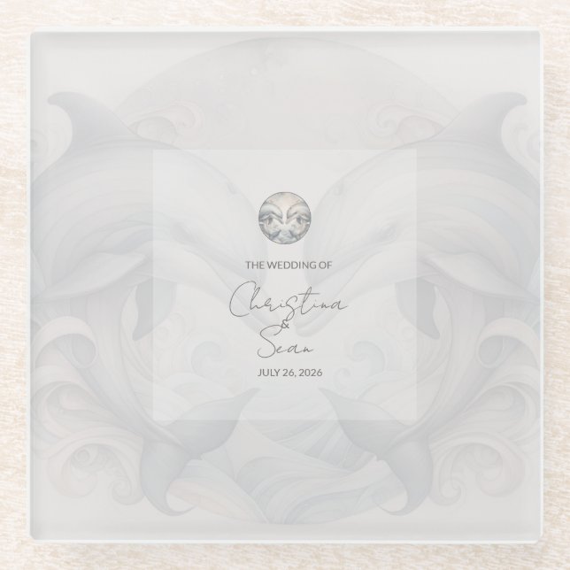 Moderne Whimsy-Dolphin-Hochzeit Glasuntersetzer (Vorderseite)
