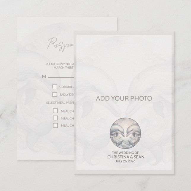 Moderne Whimsy Dolphin Wedding RSVP Response Card Karte (Vorne/Hinten)
