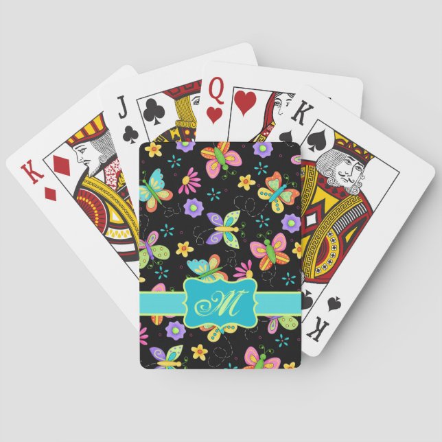 Moderne Whimsy-Schmetterlinge auf der Schwarzen Mo Spielkarten (Rückseite)