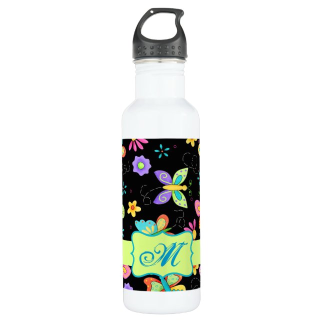 Moderne Whimsy-Schmetterlinge auf der Schwarzen Mo Trinkflasche (Vorderseite)