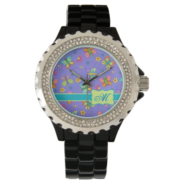 Moderne Whimsy-Schmetterlinge auf Lila Monogrammen Armbanduhr (Vorderseite)