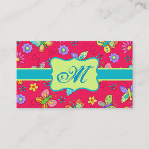 Moderne Whimsy-Schmetterlinge auf Red Monogram Per Visitenkarte