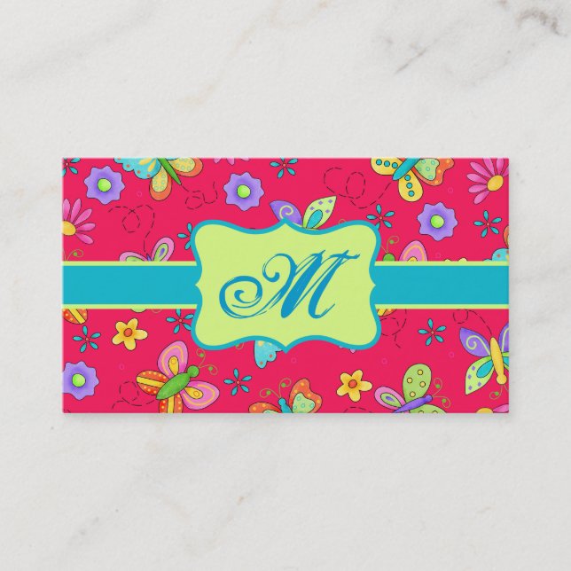Moderne Whimsy-Schmetterlinge auf Red Monogram Per Visitenkarte (Vorderseite)