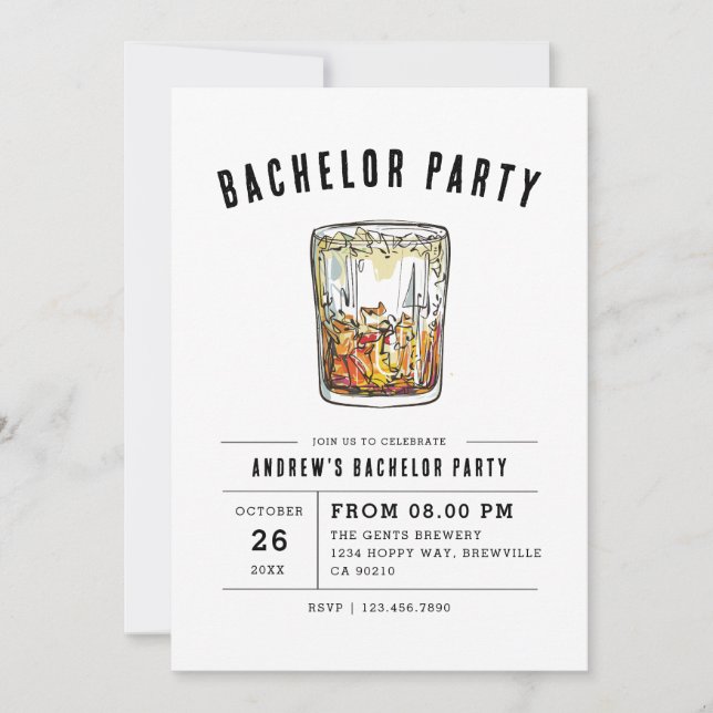 Moderne Whiskey Glas Typografy Bachelor Party in P Einladung (Vorderseite)