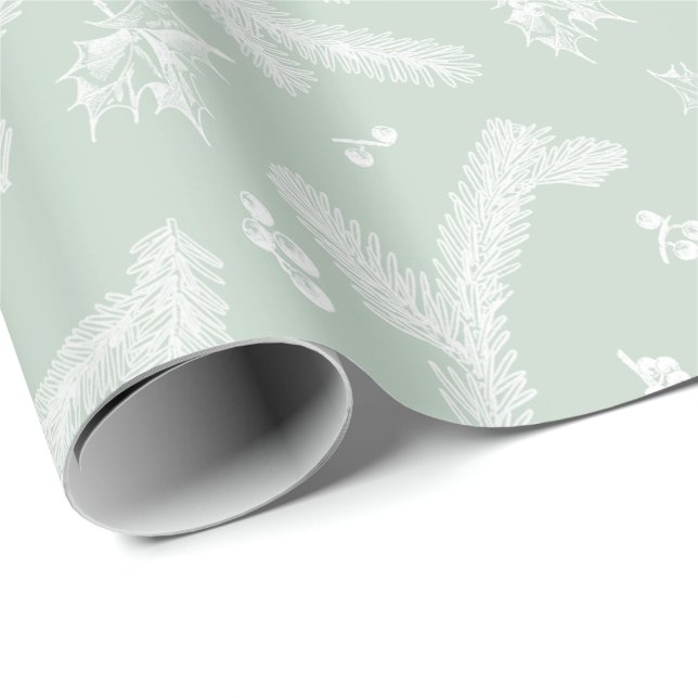Moderne White and Mint Holly and Pine Geschenkpapier (Rolleneckpunkt)