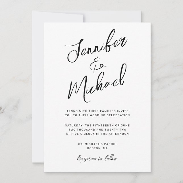 Moderne White Black Hand Letted Script Wedding Einladung (Vorderseite)