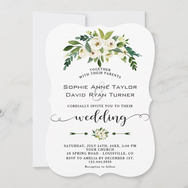 Moderne White Blooming Floral Handwriting Wedding Einladung (Vorderseite)