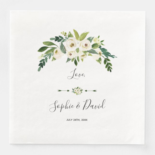 Moderne White Blooming Floral Handwriting Wedding Serviette (Vorderseite)