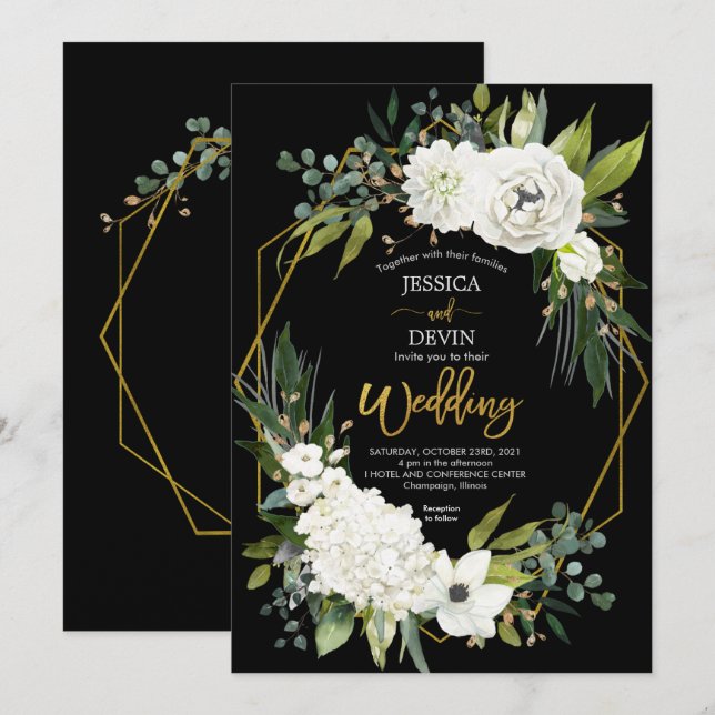 Moderne White Floral Black Frame Wedding Einladung (Vorne/Hinten)