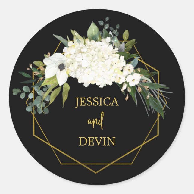 Moderne White Floral Black Frame Wedding Runder Aufkleber (Vorderseite)