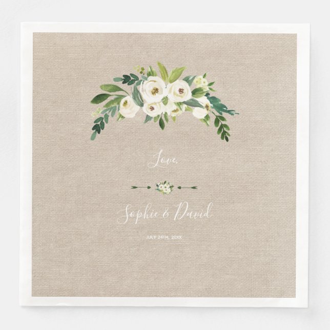 Moderne White Floral Burlap Handwriting Hochzeit Serviette (Vorderseite)