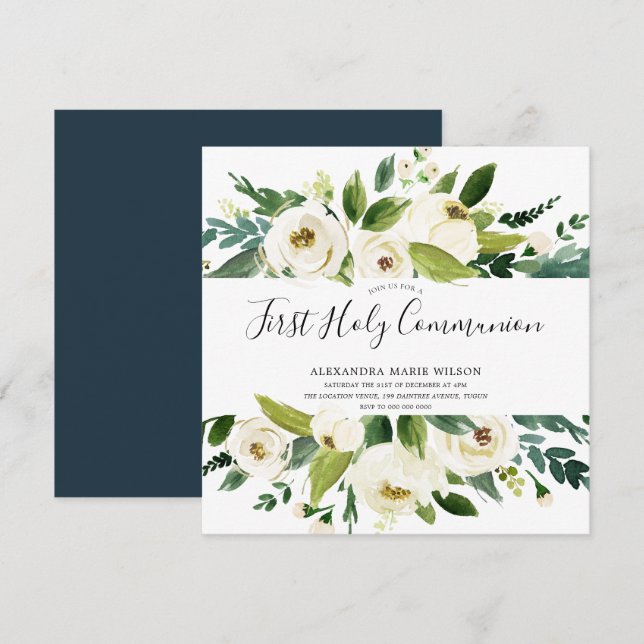 Moderne White Florals Green First Heilige Kommune Einladung (Vorne/Hinten)