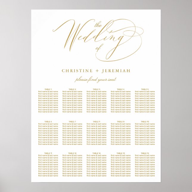 Moderne White Gold Elegante Script Hochzeitssitze Poster (Vorne)