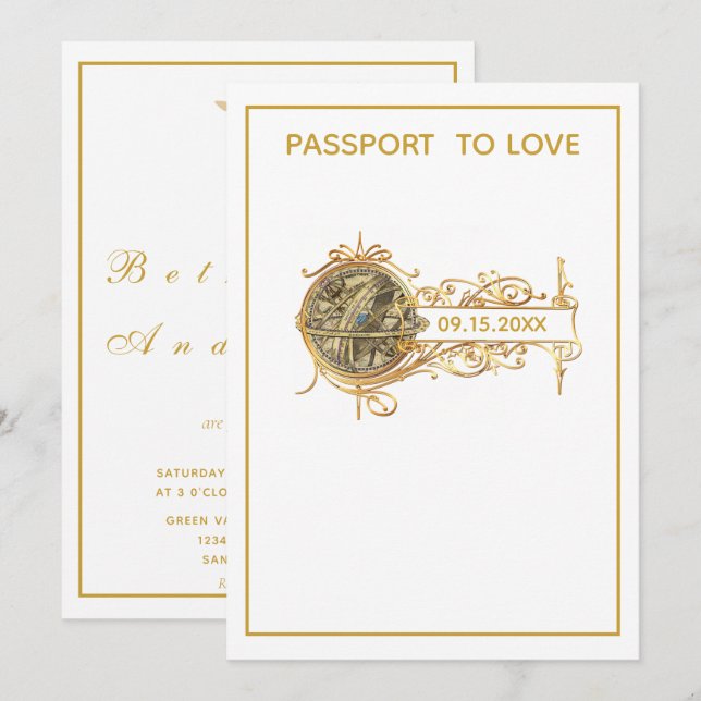 Moderne White Gold Passport Hochzeit Einladung (Vorne/Hinten)
