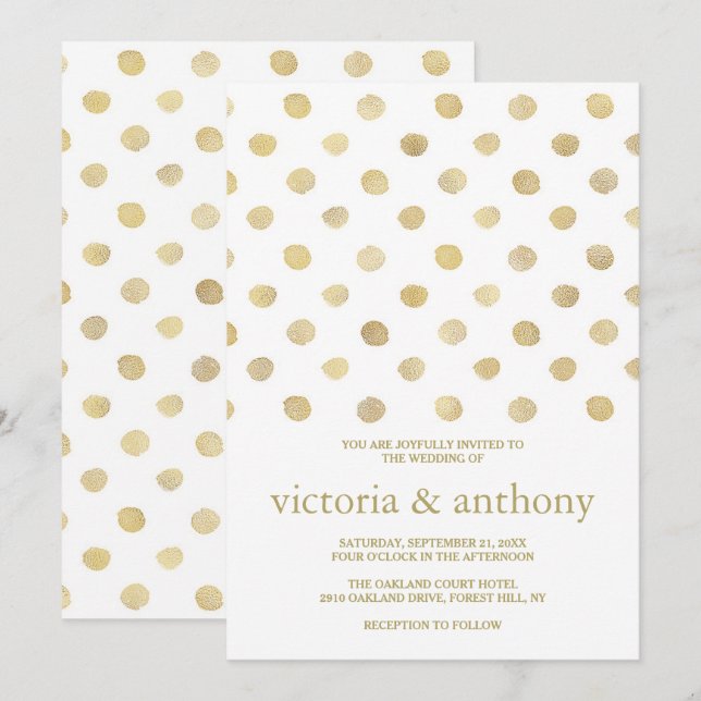 Moderne White & Gold Polka Dots Hochzeit Einladung (Vorne/Hinten)