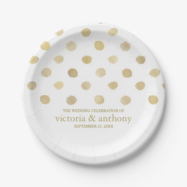 Moderne White & Gold Polka Dots Hochzeit Pappteller (Vorderseite)