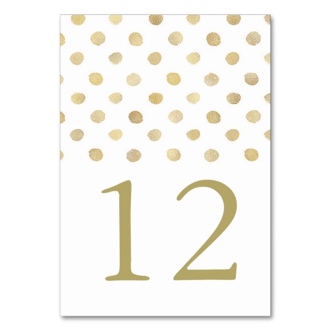 Moderne White & Gold Polka Dots Hochzeit Tischnummer (Vorderseite)