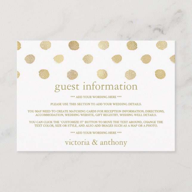 Moderne White & Gold Polka Dots Hochzeitsdetails Begleitkarte (Vorderseite)