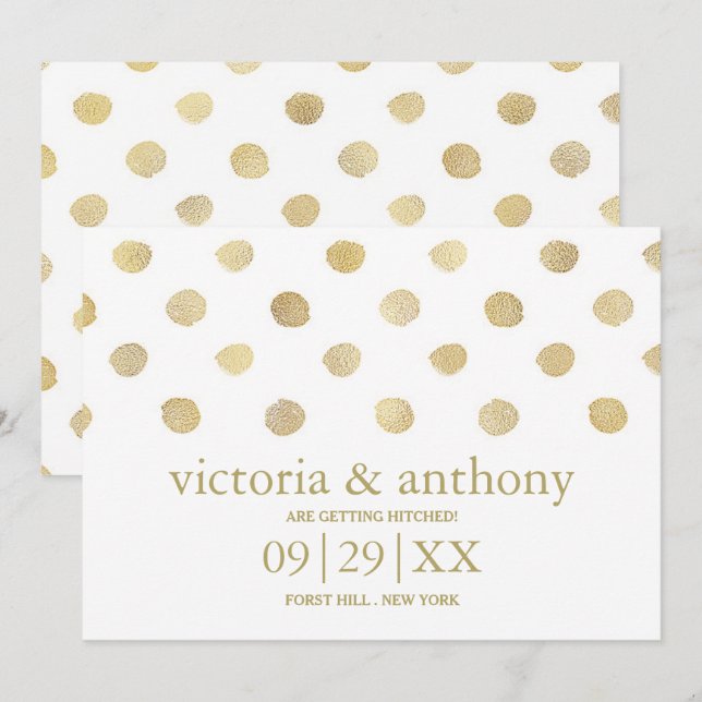 Moderne White & Gold Polka Dots Save the Date (Vorne/Hinten)