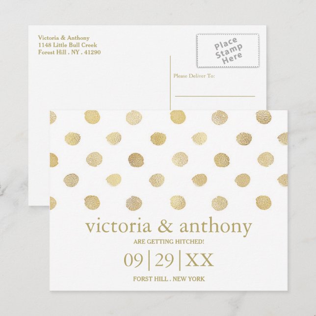 Moderne White & Gold Polka Dots Save the Date Ankündigungspostkarte (Vorne/Hinten)