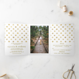 Moderne White & Gold Polka Dots Wedding Suite Dreifach Gefaltete Einladung