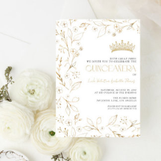 Moderne White Gold Rosen Floral Tiara Quinceañera Einladung