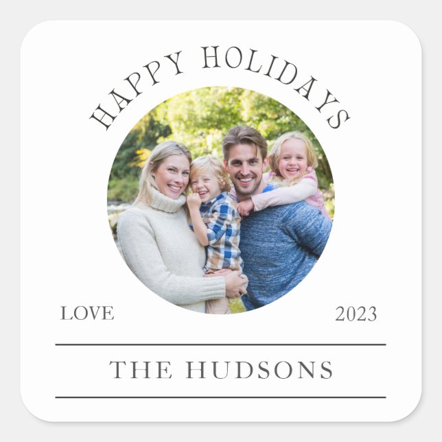 Moderne White Happy Holidays Runde 1 Foto Quadratischer Aufkleber (Vorderseite)