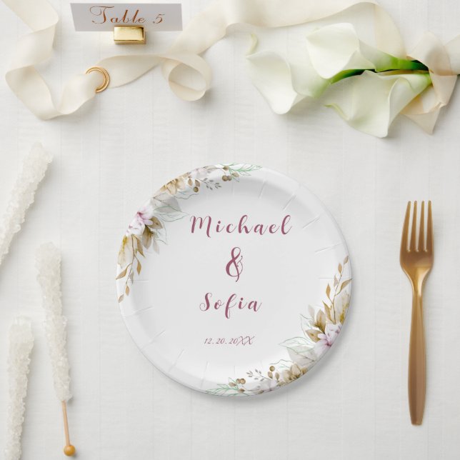 Moderne White & Pink Wedding Plate - elegant & sti Pappteller (Hochzeit)