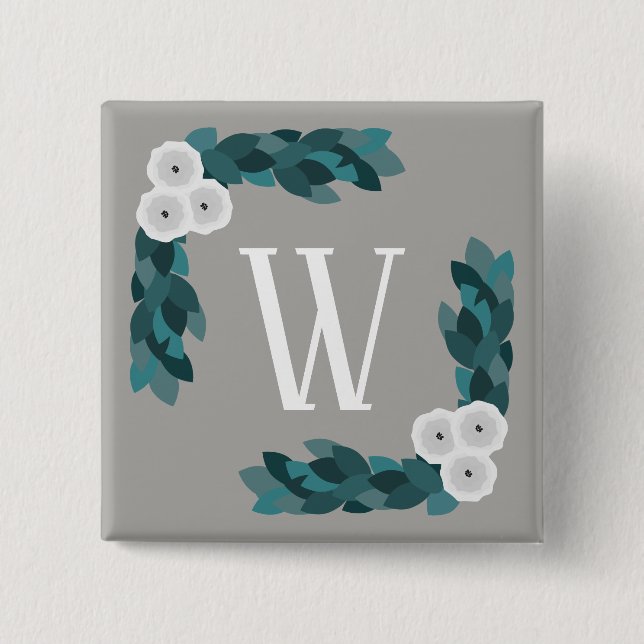 Moderne White Ranunculus Blume & Foliage Monogram Button (Vorderseite)