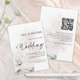 Moderne White Watercolor Florals QR Code Hochzeit Einladung