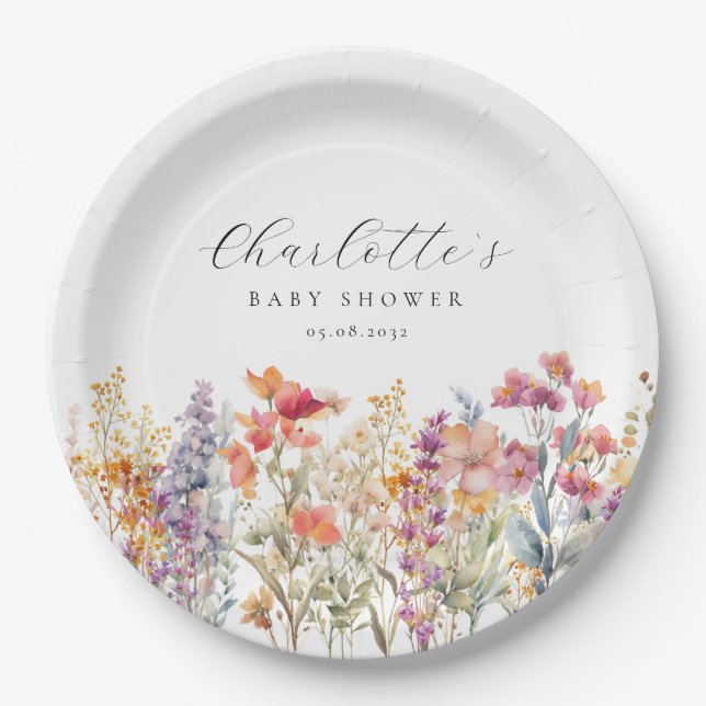 Moderne Wildblume Babydusche Pappteller (Vorderseite)