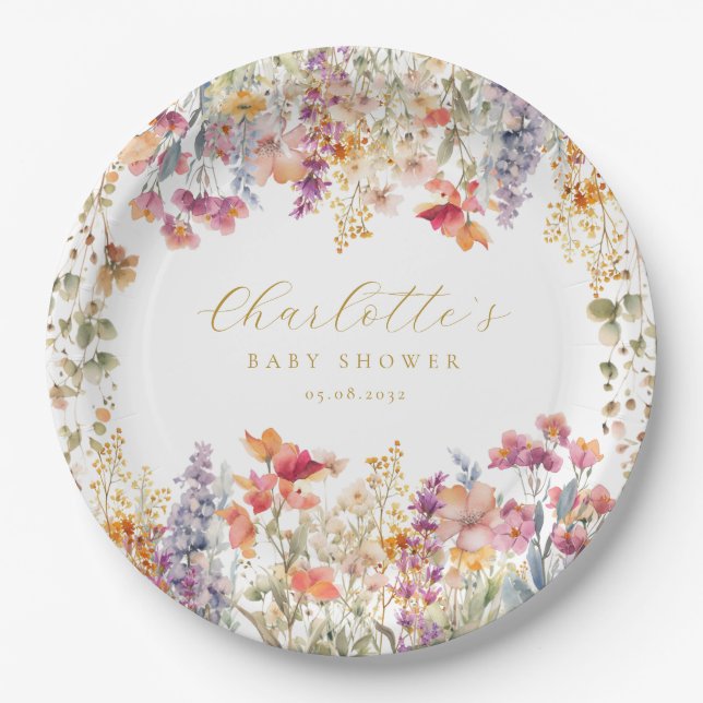 Moderne Wildblume Babydusche Pappteller (Vorderseite)