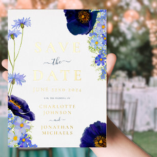 Moderne Wildblume Hochzeit Blau und Gold Folieneinladung