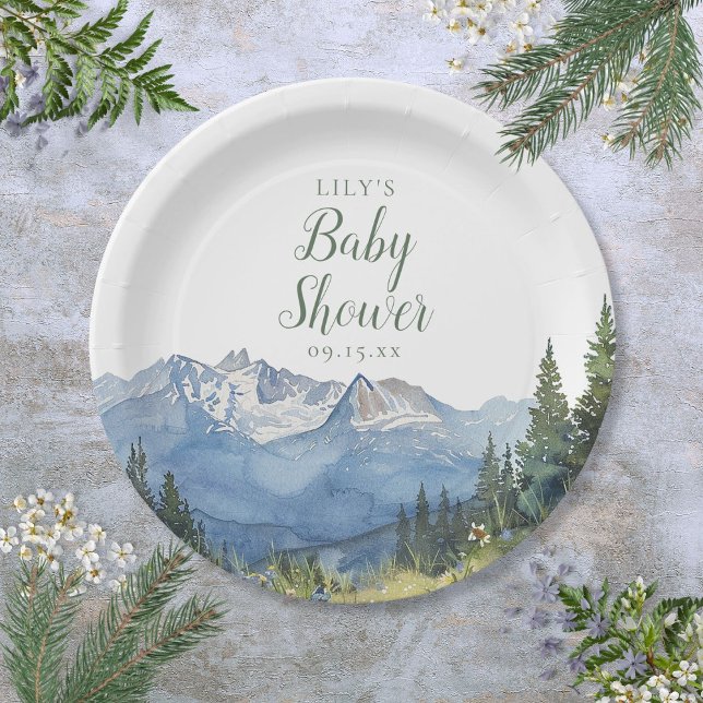 Moderne Wildblume Kinderdusche in Wasserfarbe Pappteller (Modern Watercolor Mountain Wildflower Baby Shower Paper Plates)