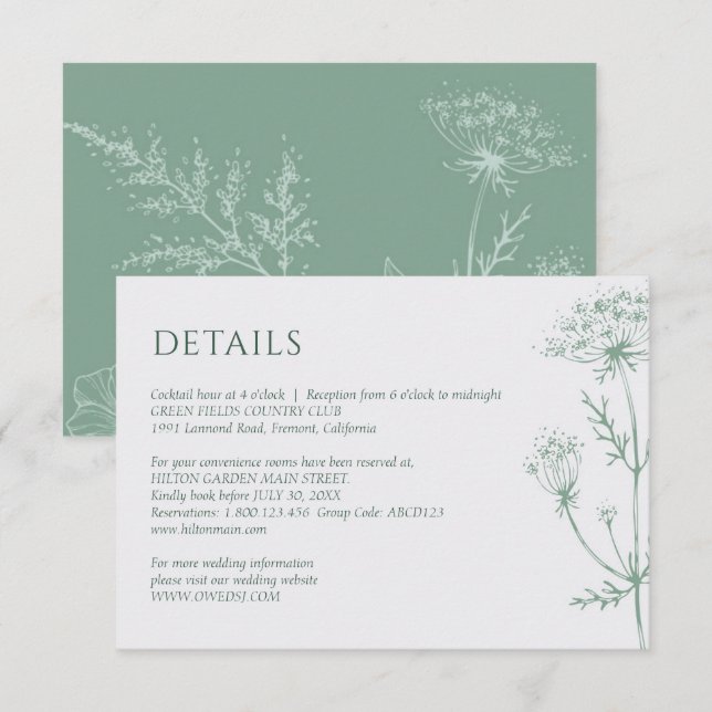 Moderne Wildblume Minimal Sage Green Wedding Begleitkarte (Vorne/Hinten)