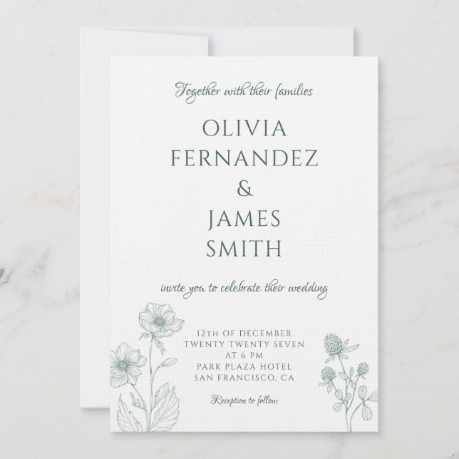 Moderne Wildblume Minimal Sage Green Wedding Einladung (Vorderseite)