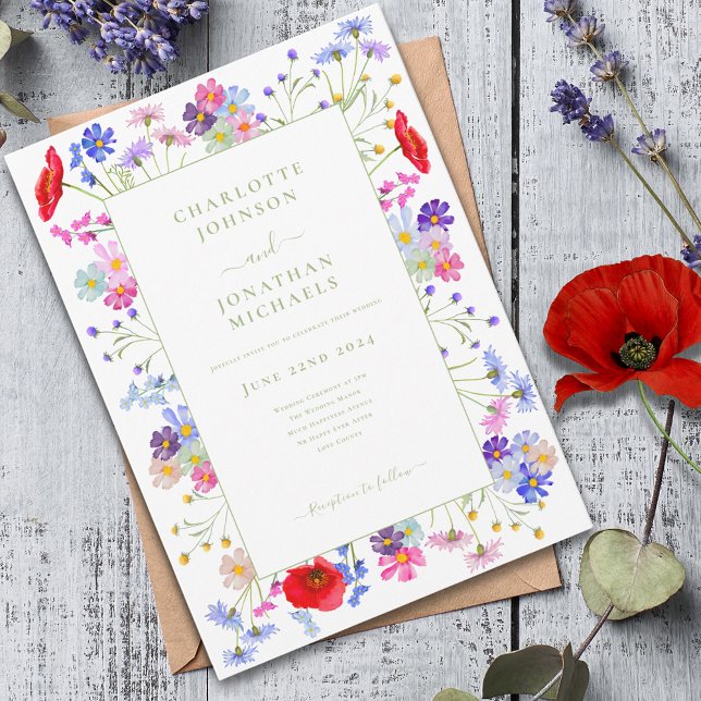Moderne Wildblume Wasserfarbenhochzeit Einladung (Modern Colorful wildflower sage green typography wedding invitation boho chic watercolor floral)