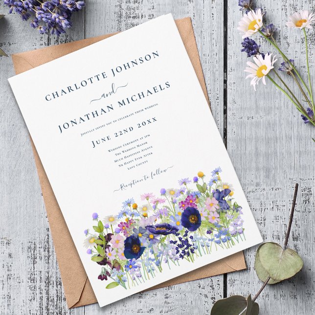 Moderne Wildblume Wiese Einladung (Modern colorful wildflower meadow wedding invitation boho watercolor floral blue pink purple )