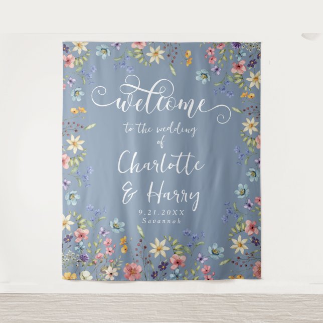 Moderne Wildblumen Blauer Hochzeitstag Begrüßung H Wandteppich (Vorderseite)