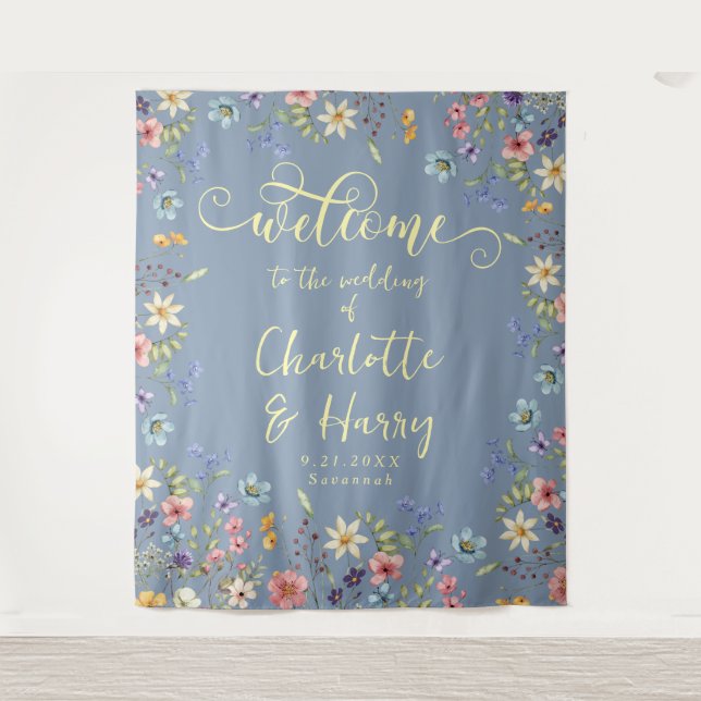 Moderne Wildblumen Blauer Hochzeitstag Begrüßung H Wandteppich (Vorderseite)