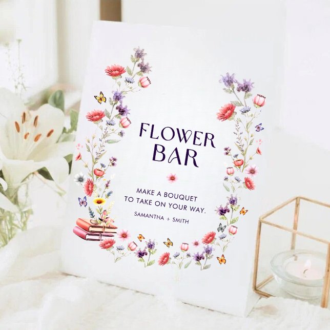 Moderne Wildblumen-Brautparty-Blumenbar Sockelschild (Modern wildflower bridal shower flower bar sign with watercolor florals and boho charm.)