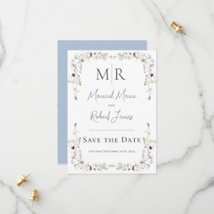 Moderne Wildblumen Monogram Blue Wedding Save The Date