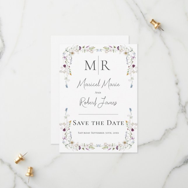 Moderne Wildblumen Monogram White Wedding Save The Date (Vorderseite/Rückseite Beispiel)